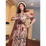 Wjczt Korean Fashion Puff Sleeve Floral Dress Loose Waist With Bandage New Women's Summer Dresses Elegant Casual Midi Vestidos Mujer