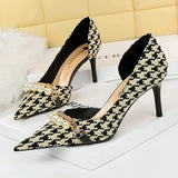 Wjczt Shoes Spring Women Pumps Pearl Metal Chain High-heels Checked Grain Stilettos Women Heels Luxury Banquet Shoes 43