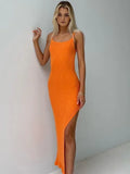 Wjczt Ribbed Knitted Sexy Backless Split Maxi Dress for Women Summer Holiday Sleeveless Straps Bodycon Dresses Clothes Sexy Dress