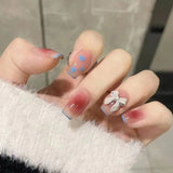 Wjczt 24pcs French Point Diamond Fake Nails Wearing Artificial Square Head Press On Acrylic Nail Art Pearl Patch Almond False Nails