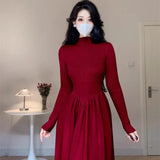 Wjczt Knitted Women Dresses Solid Autumn Winter Basics Elegant Vestidos Mujer Korean Fashion A-line Mock Neck Long Dress