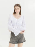Wjczt - French Pleated Lantern Long Sleeve Shirt For Women's Spring And Autumn New Vintage White Square Collar Blouse Tops Female