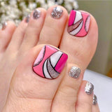 Wjczt 24P Fake Toenails With Glue French Line Glitter False Toe Nails Art Detachable Press On Toenails Acrylic Butterfly ToeNails Tips