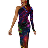 Wjczt Neon Paint Long Dress Women Graffiti Splatter Print Party Maxi Dress Summer Long Sleeve Sexy Bodycon Dresses Side Split Clothes