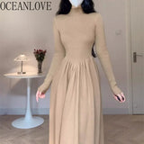 Wjczt Knitted Women Dresses Solid Autumn Winter Basics Elegant Vestidos Mujer Korean Fashion A-line Mock Neck Long Dress