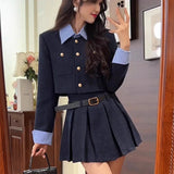 Wjczt Korean Fashion Elegant Two-piece Skirt Set Women Single Breasted Crop Top Pleated Mini Skirt Preppy Style Autumn New Outfits