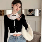 Wjczt  -New Chinese Style Sweaters Elegant Tees Short Fake Two Piece Knitted Tops Tshirts Y2k Off Shoulder Women Patchwork Camisetas