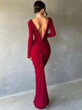 Wjczt Deep V Neck Ruched Maxi Dress Women Gown Autumn New Long Sleeve Backless Bodycon Sexy Party Evening Dress Vestidos