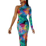 Wjczt Neon Paint Long Dress Women Graffiti Splatter Print Party Maxi Dress Summer Long Sleeve Sexy Bodycon Dresses Side Split Clothes