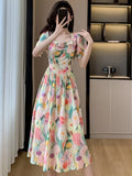 Wjczt Summer Square Collar Midi Dress Women Flower Floral Print Fashion Sweet Ruffle Ladies Dresses Pleated Loose Korean Vesidos