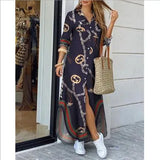 Wjczt Autumn Long Dress Long Sleeve Shirt Women's Denim Long Dress Pocket Button Shirt Printing Casual Loose Dress