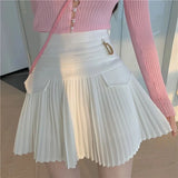 Wjczt Summer White Pleated Skirts Sexy Casual Slim College Women High Waist Mini Metal Letter D Ontwerp A-lijn Korean Fashion Style