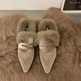 Wjczt Luxury Fur Furry Women Slippers Fur Flat Mules Fashion Velour Slides Indoor Outdoor Sexy Cotton Warm Slides Winter flats shoes