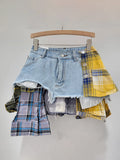 Wjczt  Women's Denim Skirt Colored Plaid Patchwork Irregular Deconstructed A-line High Waist Mini Skirt 2024 Autumn New Fashion