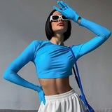 Wjczt Y2K Autumn Outfits Streetwear Long Sleeve Gloves Crop Tops Harajuku O-Neck Solid Basic T-Shirts Cool Pullover Blouse T Shirts