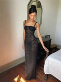 Wjczt - Sexy Lace See Through Split Women Long Dress Female Slash Neck Spaghetti Straps Slim Fit Dresses Summer Fashion Elegant Vestidos