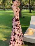 Wjczt Romantic Pink Flower Print Slip Sleeveless Backless Slim Sexy Club Maxi Dress 2023 Summer Women Elegant Party Sumdress Robe Boho