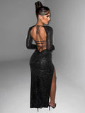 Wjczt Sparkle Mesh High Split Sexy Maxi Dress For Women Autumn Winter New Sheer Long Sleeve Backless Night Club Party Dress