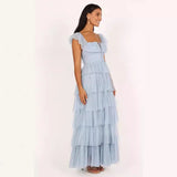 Wjczt 2024 New Women's Blue Tulle Ruffled U-neck Party Sexy Dress Long Dress Princess Style Birthday Dress Backless Tiered Gown