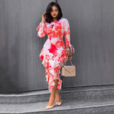 Wjczt Ins Internet Celebrity Independent Site Amazon Autumn and Winter New Commuter Printed Ruffled Hip-Covering One-Step Dress