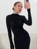 Wjczt Fashion Pleated Autumn Dress Patchwork Elegant Women Long Sleeve Solid Vestidos Slim High Waist Bodycon Maxi Dress 2025