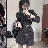 Wjczt Autumn Winter Mini Dresses for Women with Belt Turn-down Collar Patchwork O-neck Korean Fashion Blazer Dress Casual Vestidos