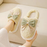 Wjczt Cotton Bowknot Slippers Ladies Winter indoor Home Warm Fluffy Shoes Comfortable Slippers 3.5CM Thick Sole Antislip