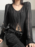 Wjczt Gothic See Through Bandage Blouse Grunge Black Casual Sexy Knitwear T-shirt Y2k Long Sleeve Streetwear Women Tops Harajuku