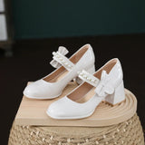 Wjczt Ladies Lolita Sweet Fashion Shoes Retro Pumps Casual 2025 Summer Marry Janes Round Toe Shoes Woman Bow Pearls Design