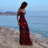 Wjczt Women Sexy Boho Floral Holiday Long Maxi Dress Summer Evening Party Mesh Sundress Vacation Spaghetti Strap A-line Dresses Robes