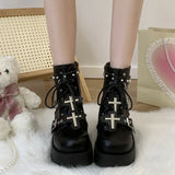 Wjczt Punk Black Chunky Platform Ankle Boots Women Winter Pu Leather Gothic Lolita Shoes Woman Metal Chain Thick Sole Y2K Boots