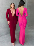 Wjczt Deep V Neck Ruched Maxi Dress Women Gown Autumn New Long Sleeve Backless Bodycon Sexy Party Evening Dress Vestidos