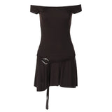 Wjczt Sexy Off Shoulder Sleeveless Strapless Mini Dress For Women Splice Flounced Edge Slim With Belt Y2K Party Dresses