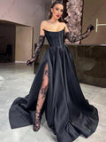 Wjczt Black Gorgeous Women's Evening Dresses A-Line Satin Sexy Side Slit Princess Prom Gown Fashion Celebrity Party Vestidos De Fiesta