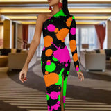 Wjczt Neon Paint Long Dress Women Graffiti Splatter Print Party Maxi Dress Summer Long Sleeve Sexy Bodycon Dresses Side Split Clothes