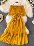 Wjczt Beach Dress Women Sexy Off The Shoulder Slash Beach Chiffon Dresses Ladies Elegant A Line Bandage Party Dress Long Robe