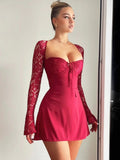 Wjczt Halter Strapless Sexy Mini Dress For Women Summer New Sheer Lace Long Sleeve Backless Lace-up Party Dress Fashion