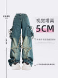 Wjczt Women Blue Cargo Jeans Baggy Vintage 90s Aesthetic High Waist Cowboy Pants Harajuku Denim Trousers Y2k Trashy 2000s Clothes 2024