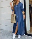 Wjczt Autumn Long Dress Long Sleeve Shirt Women's Denim Long Dress Pocket Button Shirt Printing Casual Loose Dress