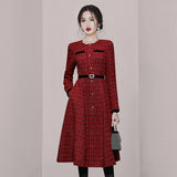 Wjczt New Designer Autumn Small Fragrance European Women Dress Luxurious Beads Belt O Neck Long Sleeve Tweed Slim Midi Dress