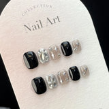 Wjczt 10Pcs Handmade Gothic Short Press on Nails Rhinestone Round Manicure Decoration Wearable Full Cover with Design Acrylic Nail Tip