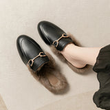 Wjczt  winter women's plush outdoor slippers mules Metal British style Genuine fur rabbit flats Ladies casual shoes