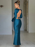 Wjczt Elegant Satin Backless Maxi Long Dress For Women Fashion O Neck Long Sleeve Bodycon Club Party Sexy Long Dress New