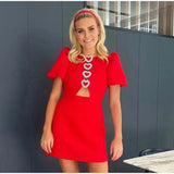 Wjczt Bow Hollow Out Red Black Mini Dress Women Sexy Puff Sleeve O-neck Party Dresses 2024 Summer New Elegant Shinny Robe Vestidos