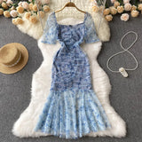 Wjczt Summer Floral Print Midi Dress Holiday Square Neck Short Sleeves Zipper Design Mermaid Sheer Chiffon Beach Sundress