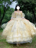 Wjczt Yellow Lace Embroidery Flower Married Lolita Jsk Princess Dress Pannier Women Lolita Wedding Dress Christmas Costume