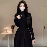 Wjczt Knitted Women Dresses Solid Autumn Winter Basics Elegant Vestidos Mujer Korean Fashion A-line Mock Neck Long Dress