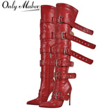 Wjczt Women Pointed Toe Red Over The Knee Boots Buckle Strap Thin High Heel Lady Zipper Female Thigh High  Stiletto Boots