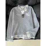 Wjczt Plaid Polo Shirt with Texture and a Collared Sweatshirt for Women Featuring an INS and Plush Korean Version