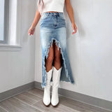 Wjczt 2025 Spring New High Waist Irregular Edge Denim Skirt Women's Washed Half Skirt